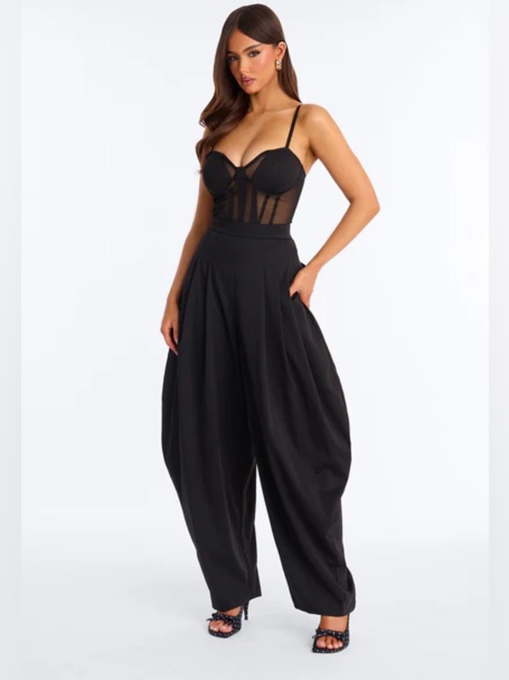 Contrast Mesh Corset Barrel-Leg Jumpsuit